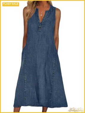 Sleeveless Denim Midi Dress A-Line V-Neck Casual Summer Dress Cotton